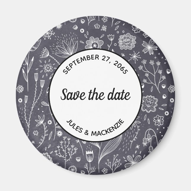 Flower Chalkboard Monochrome Modern Save the Date Magnet (Front)