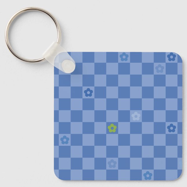 Flower Checkered Pattern No. 01 - Light Blue Key Ring (Front)