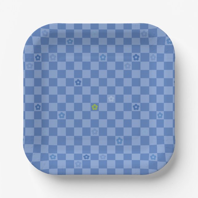 Flower Checkered Pattern No. 01 - Light Blue Paper Plate (Front)