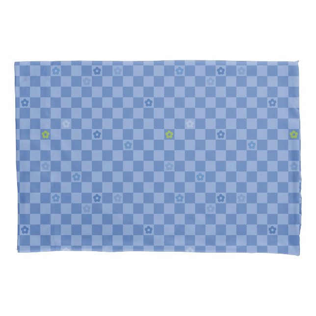 Flower Checkered Pattern No. 01 - Light Blue Pillowcase (Front)