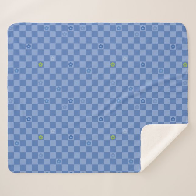 Flower Checkered Pattern No. 01 - Light Blue Sherpa Blanket (Front (Horizontal))