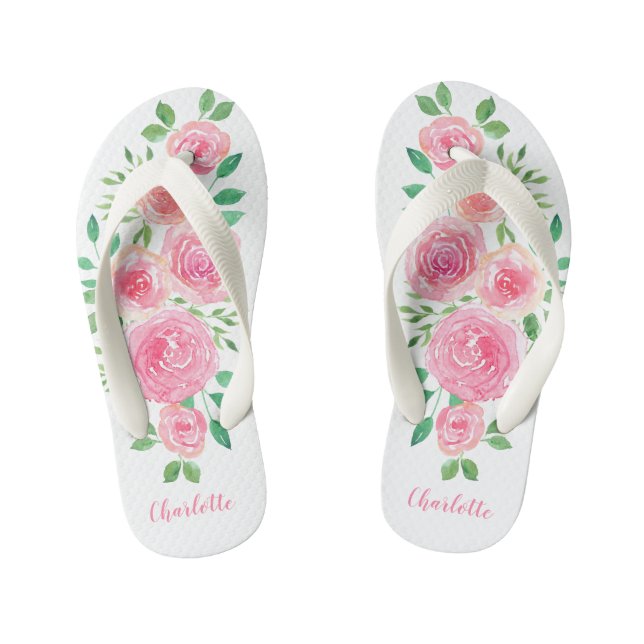 Flower Child Pink Roses Girl's Name Girl's Kid's Thongs (Footbed)