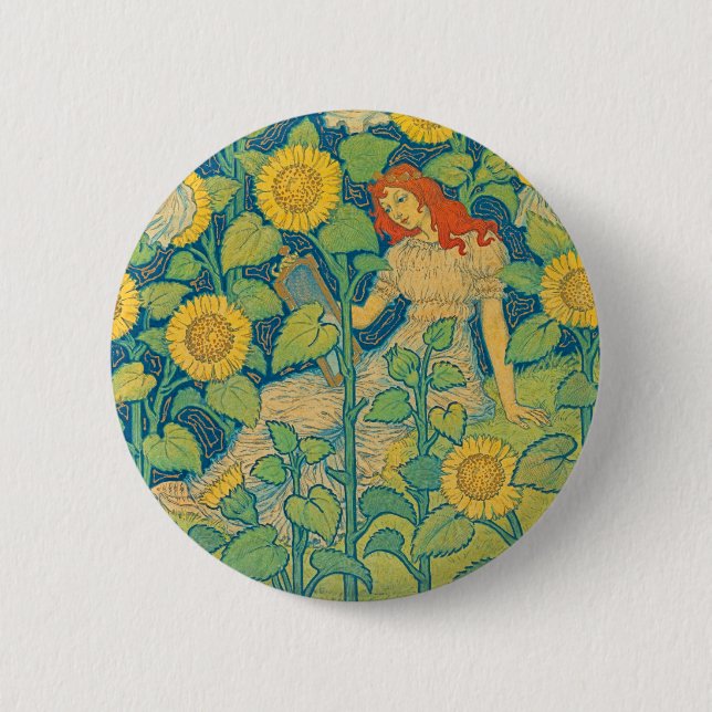 Flower Child Woman in Sunflower Garden 6 Cm Round Badge (Front)