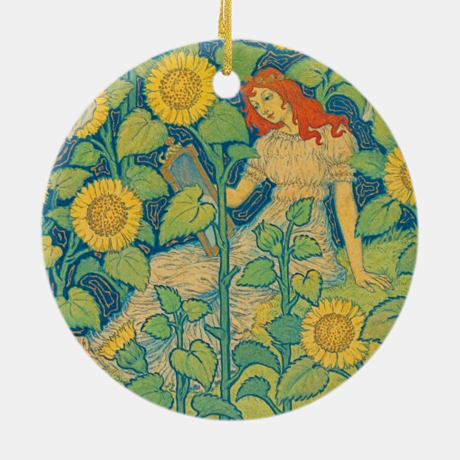 Flower Child Woman in Sunflower Garden Ceramic Ornament (Back)