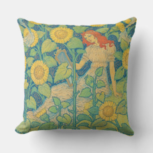 Flower Child Woman in Sunflower Garden Cushion