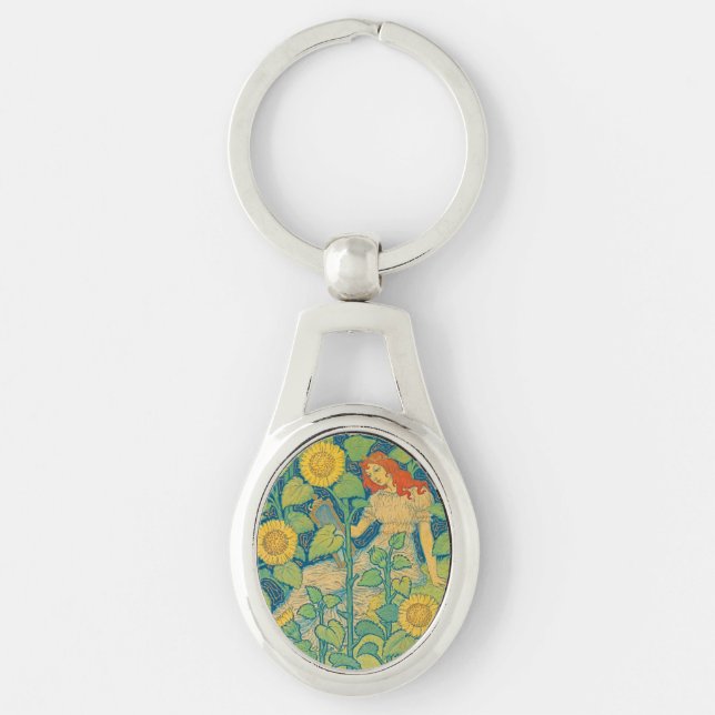 Flower Child Woman in Sunflower Garden Key Ring (Front)