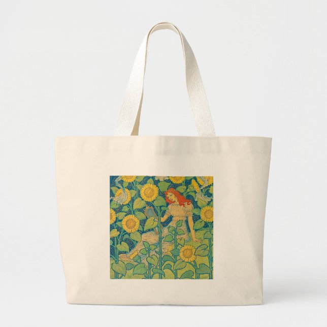 Flower Child Woman in Sunflower Garden Large Tote Bag (Front)