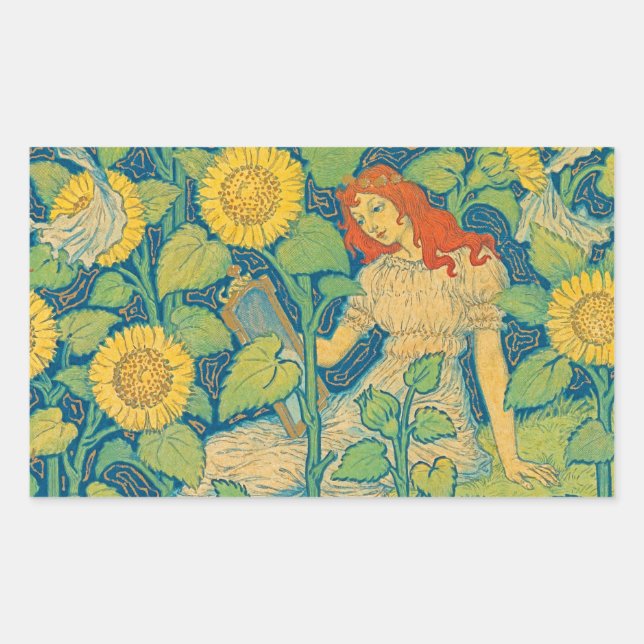 Flower Child Woman in Sunflower Garden Rectangular Sticker (Front)