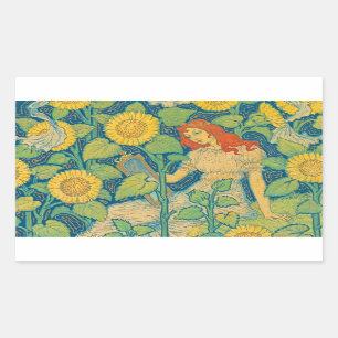 Flower Child Woman in Sunflower Garden Rectangular Sticker