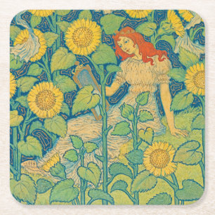 Flower Child Woman in Sunflower Garden Square Paper Coaster