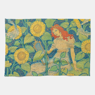 Flower Child Woman in Sunflower Garden Tea Towel
