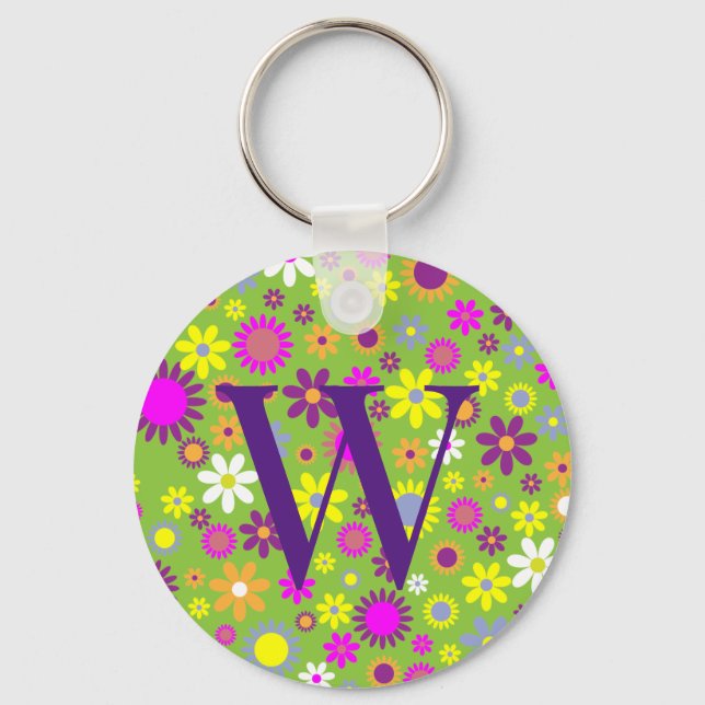 Flower Colourful Floral Initial Monogram Keychain (Front)