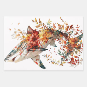 Flower Covered Sharks Decoupage  Wrapping Paper Sheet