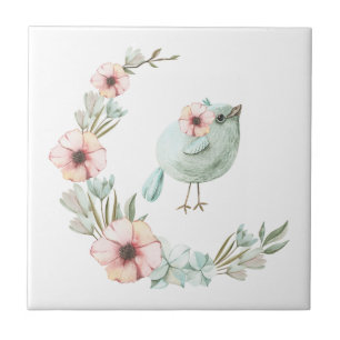Flower Crescent with Baby Blue Bird  Art Tile