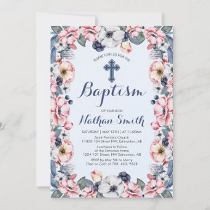 Flower & Cross   Boy Baptism / Christening Invitation