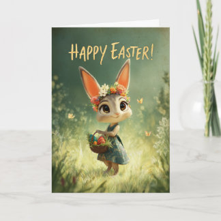 Flower-Crown Bunny with Easter Basket Meadow Card