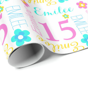 Flower custom name Emilee age 15 birthday wrap Wrapping Paper
