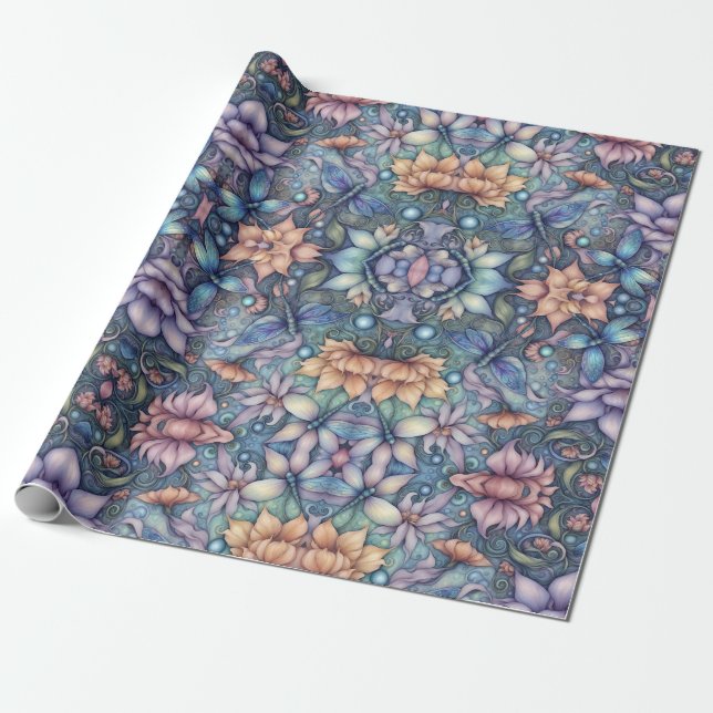 FLower Damask Blue Gold  Wrapping Paper (Unrolled)