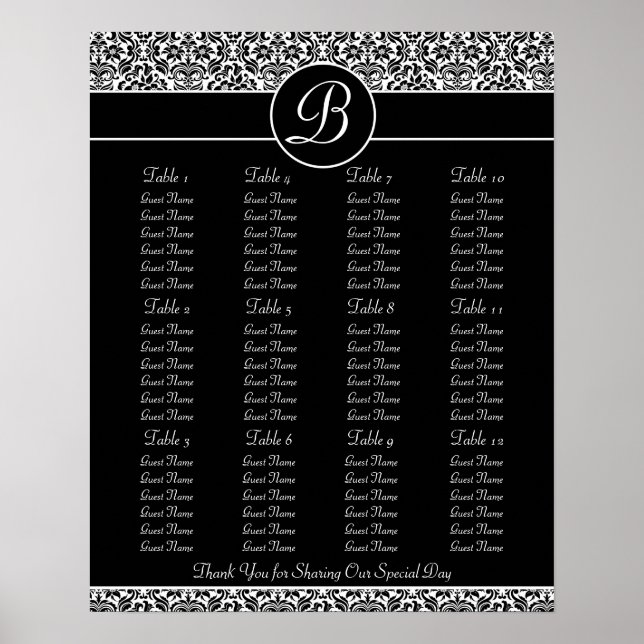 Flower Damask Wedding Reception Seating Chart (Front)