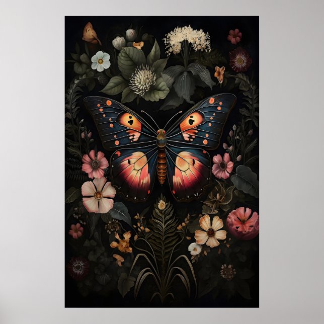 Flower Dark Butterfly, Moody Moth Wall Print (Front)