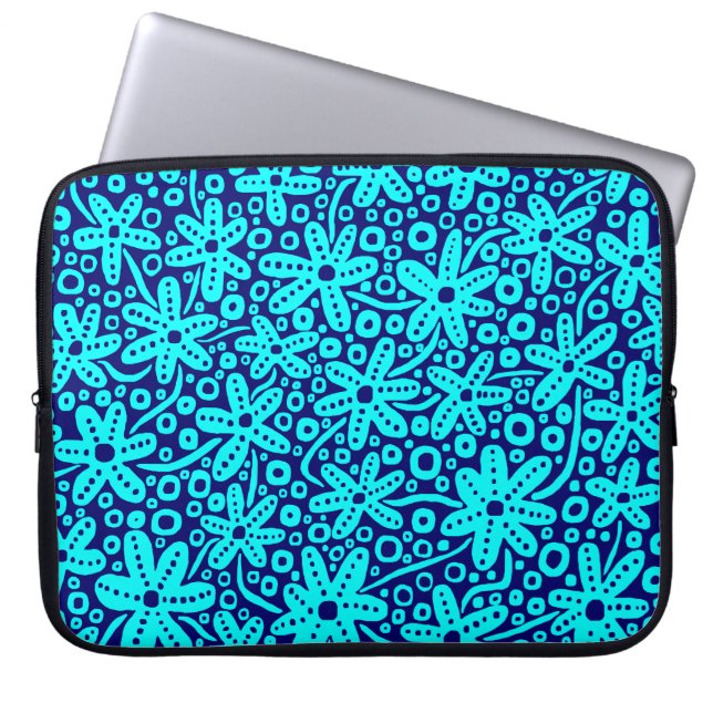 Flower Design - Cyan on Deep Navy Laptop Sleeve (Front)