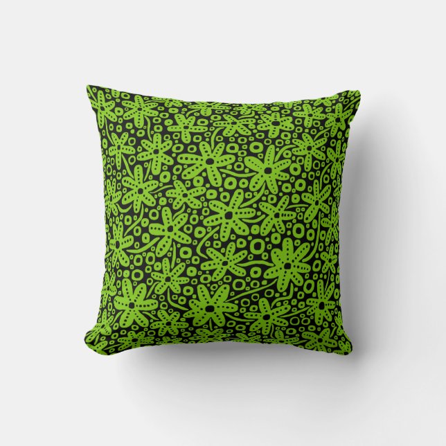 Flower Design - Martian Green on Black Cushion (Front)