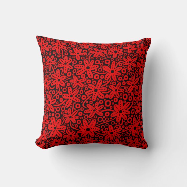 Flower Design - Red on Black Cushion (Front)