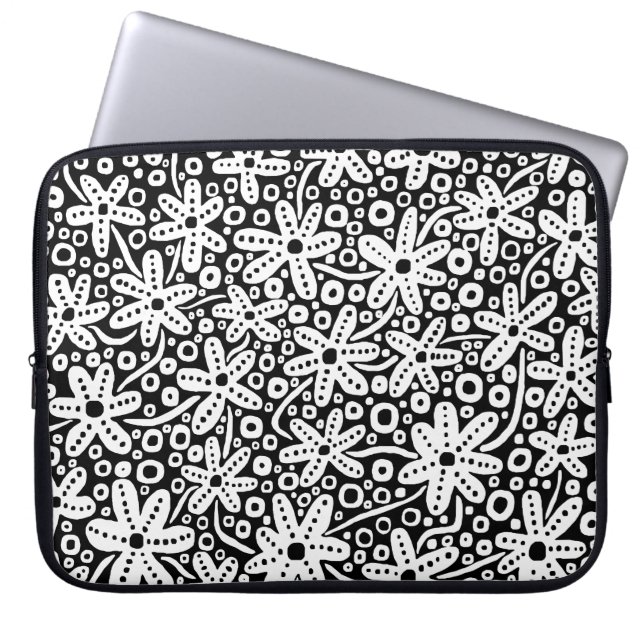 Flower Design - White on Black Laptop Sleeve (Front)