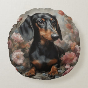 Flower Dog Breed Portraits 10 Round Cushion
