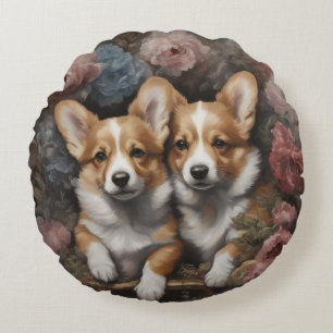 Flower Dog Breed Portraits 5 Round Cushion