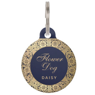 Flower Dog Gold Roses Navy Blue Elegant Wedding Pet Tag