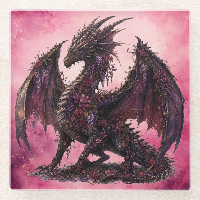 Flower Dragon | Botanical Fantasy Dragon Glass Coaster (Front)