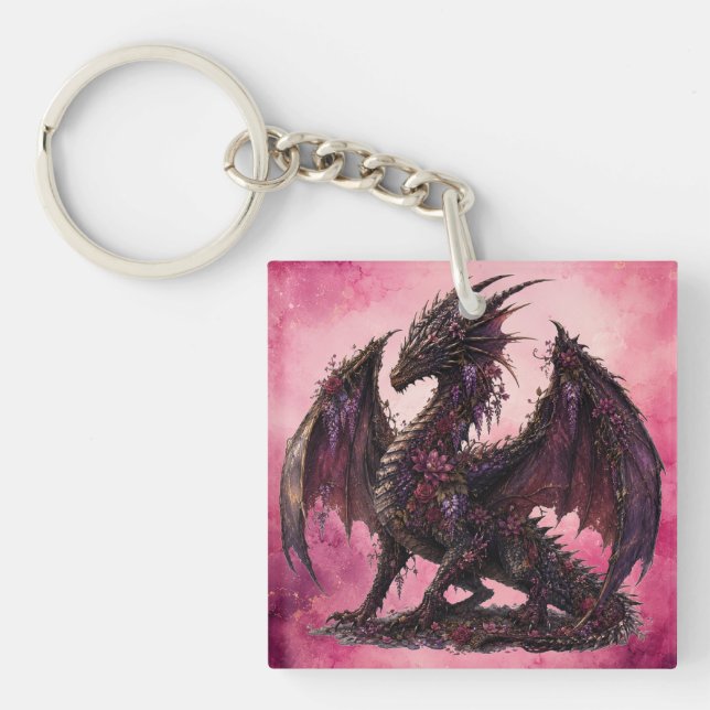 Flower Dragon | Botanical Fantasy Dragon Key Ring (Front)