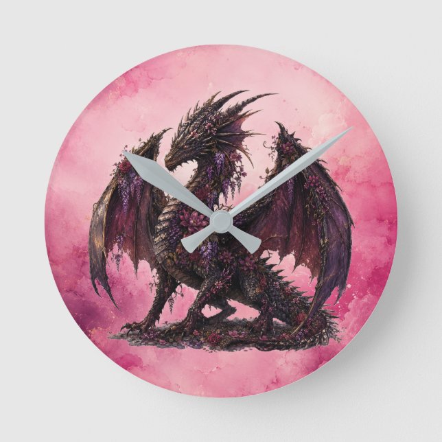 Flower Dragon | Botanical Fantasy Dragon Round Clock (Front)