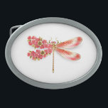Flower dragonfly with jewellery sakura belt buckle<br><div class="desc">Artistically drawn,  gold,  jewelled dragonfly with red and wings decorated with red,  blooming,  jewelled Japanese cherry on white background. Gold Dragonfly.</div>