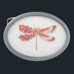 Flower dragonfly with jewellery sakura belt buckle<br><div class="desc">Artistically drawn,  gold,  jewelled dragonfly with red and wings decorated with red,  blooming,  jewelled Japanese cherry on white background. Gold Dragonfly.</div>