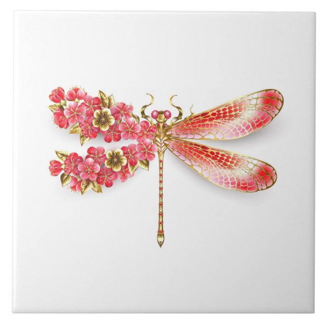 Flower dragonfly with jewellery sakura ceramic tile (Front)