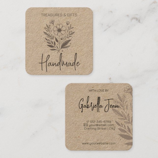 Flower Drawing Handmade Crafts Simple Kraft Paper Square Business Card (Front/Back)