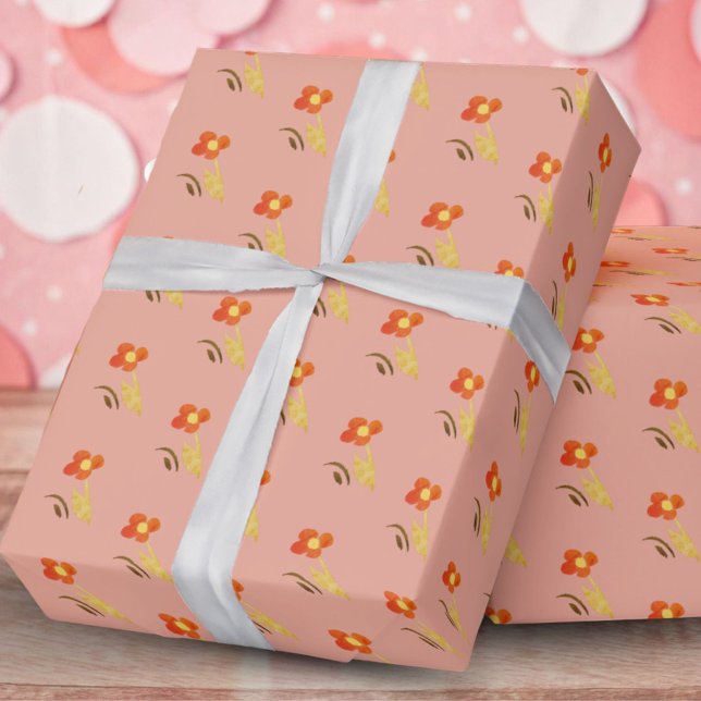 Flower Drawing Pink Pattern Girl Birthday Party Wrapping Paper (Creator Uploaded)