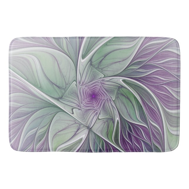 Flower Dream, Abstract Purple Green Fractal Art Bath Mat (Front)