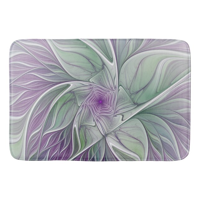 Flower Dream, Abstract Purple Green Fractal Art Bath Mat (Front)