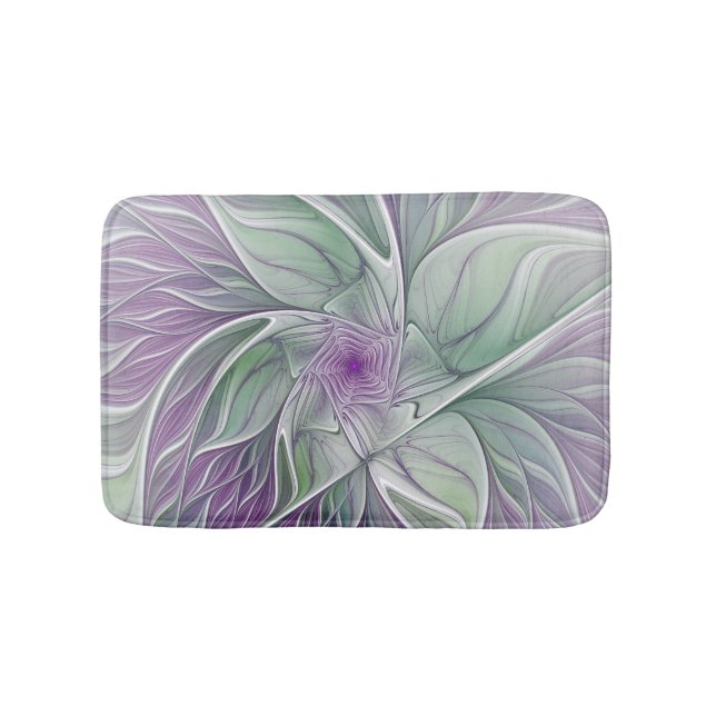 Flower Dream, Abstract Purple Green Fractal Art Bath Mat (Front)