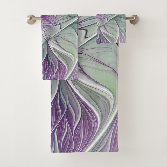 Flower Dream, Abstract Purple Green Fractal Art Bath Towel Set (Insitu)