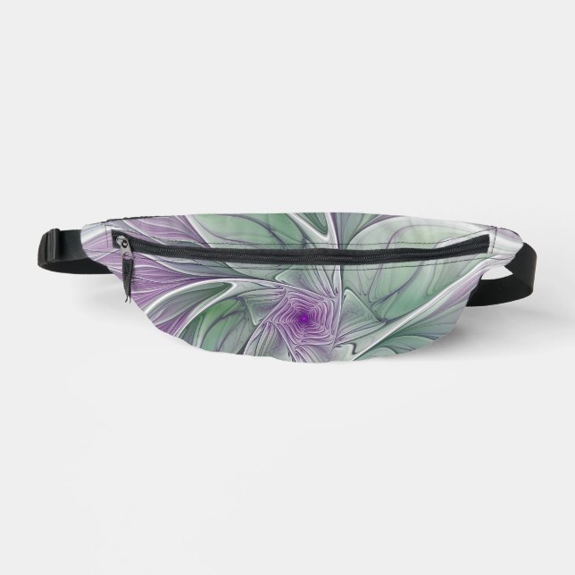 Flower Dream, Abstract Purple Green Fractal Art Bum Bags (Front)