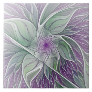 Flower Dream, Abstract Purple Green Fractal Art Ceramic Tile