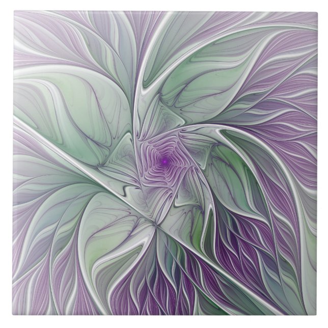 Flower Dream, Abstract Purple Green Fractal Art Ceramic Tile (Front)