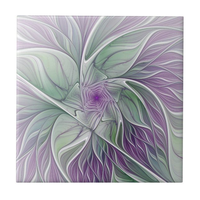 Flower Dream, Abstract Purple Green Fractal Art Ceramic Tile (Front)
