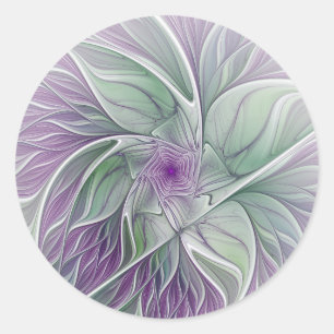 Flower Dream, Abstract Purple Green Fractal Art Classic Round Sticker