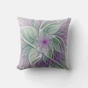 Flower Dream, Abstract Purple Green Fractal Art Cushion