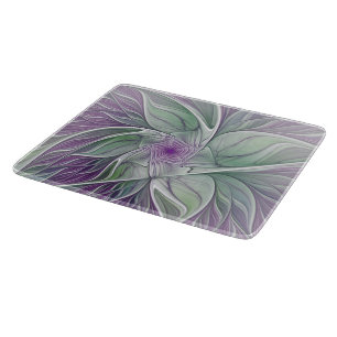 Flower Dream, Abstract Purple Green Fractal Art Cutting Board